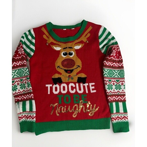 Christmas Sweater Junior Size Medium TOO CUTE TO BE NAUGHTY Reindeer With Bells - Picture 3 of 8